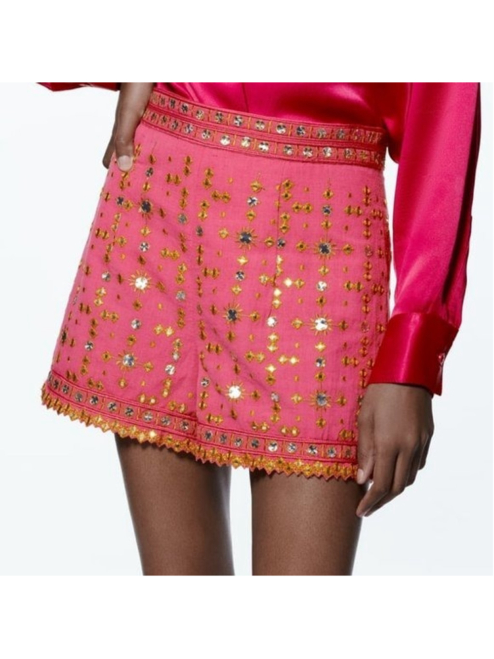 Women's ZARA Pink Gold Embellished High Waist Shorts L